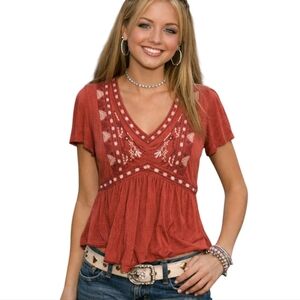 Ivy Babydoll Tee Coral Embroidered Flutter Sleeve Women XS Soft Y2K